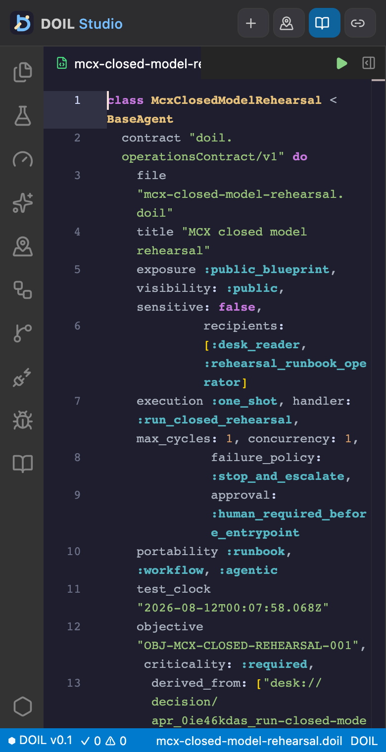 DOIL Studio view of Run one isolated non-production rehearsal that validates the exact two published LinkSim lookups and the exact existing Product schedule,…