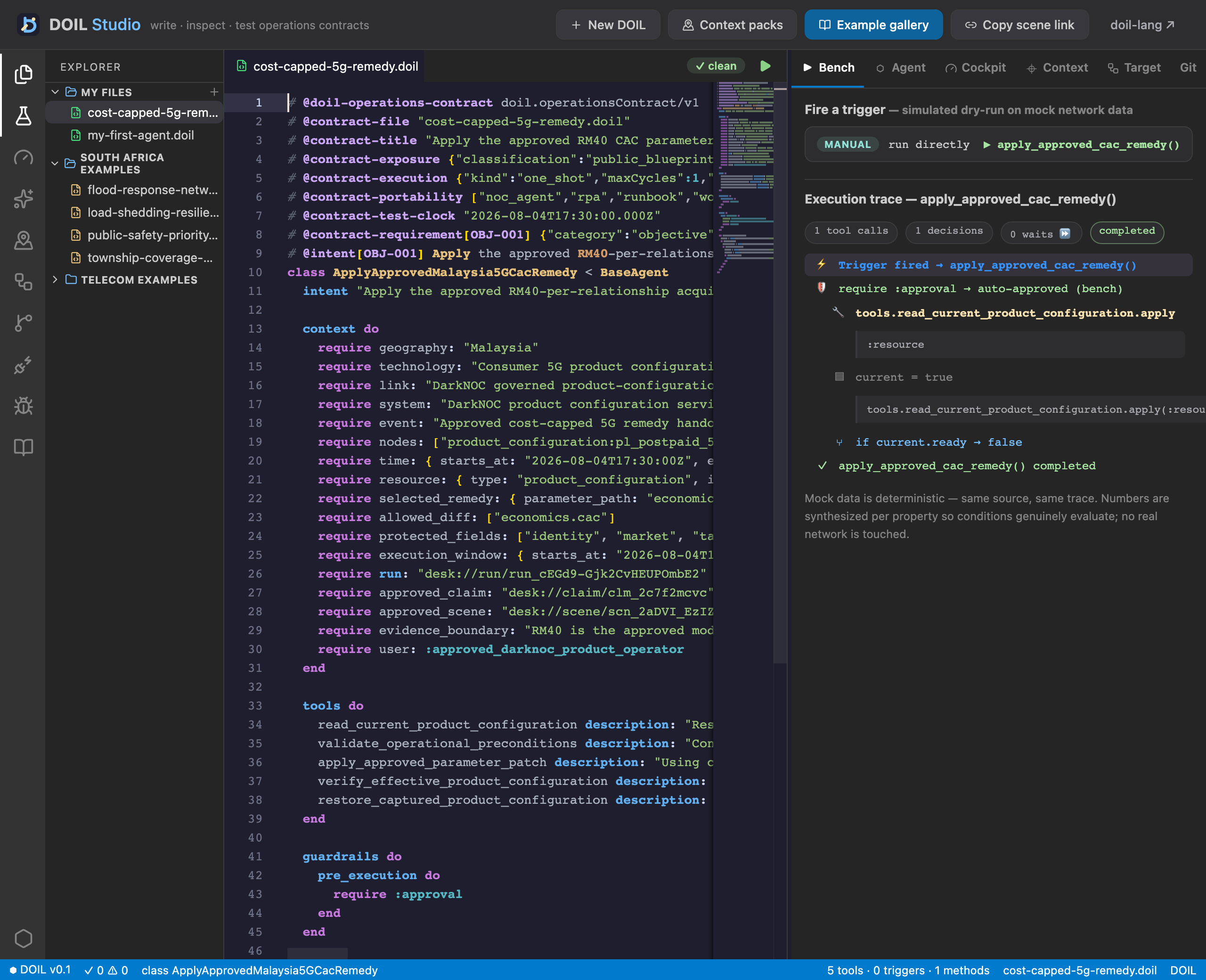 DOIL Studio view of Apply the approved RM40-per-relationship acquisition-cost parameter to the governed DarkNOC product configuration resource pl_postpaid_5g,…